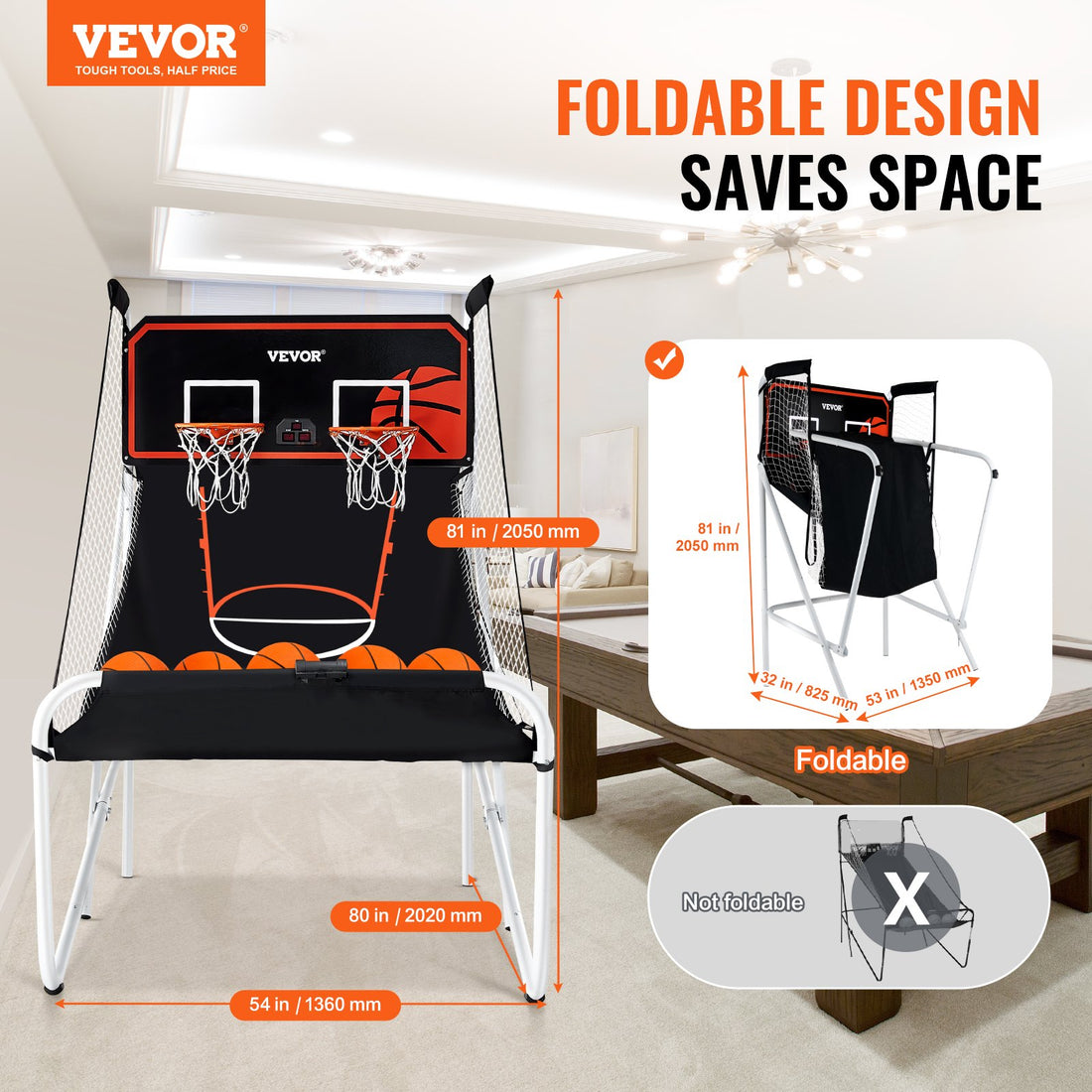 Foldable 2-Player Indoor Basketball Arcade Game