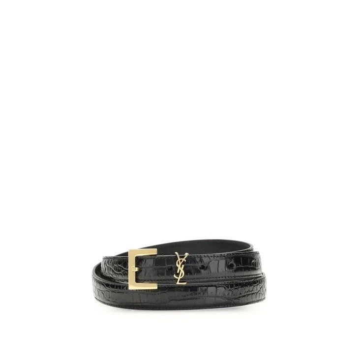 YSL Saint Laurent Black Croc Leather Belt Gold Logo
