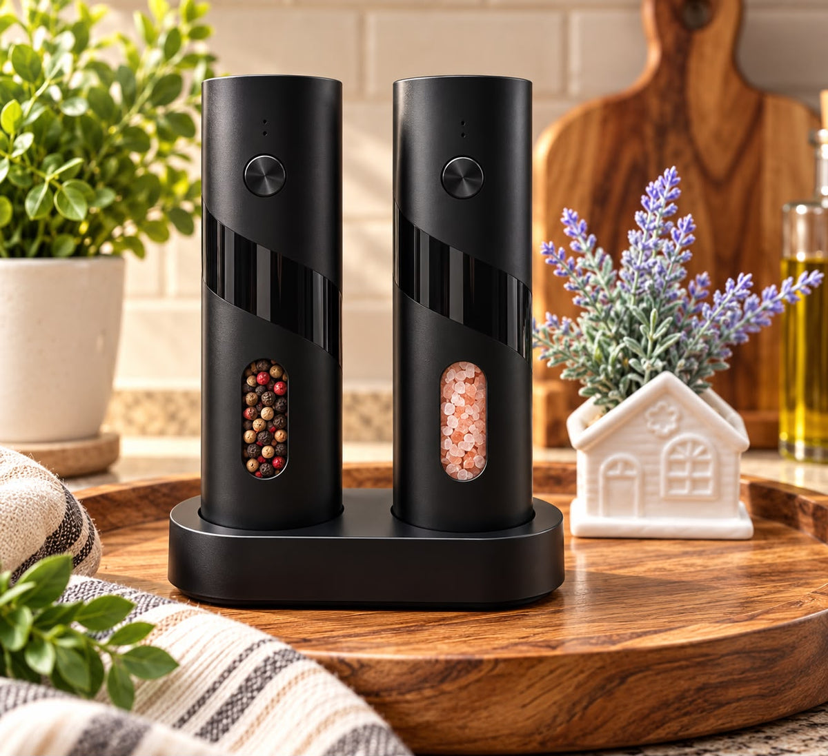 Rechargeable Salt & Pepper Grinder Set with Charging Base — Matte Black
